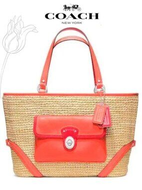 Coach Straw Natural & Tangerine Leather Shopper Pocket Tote Bag